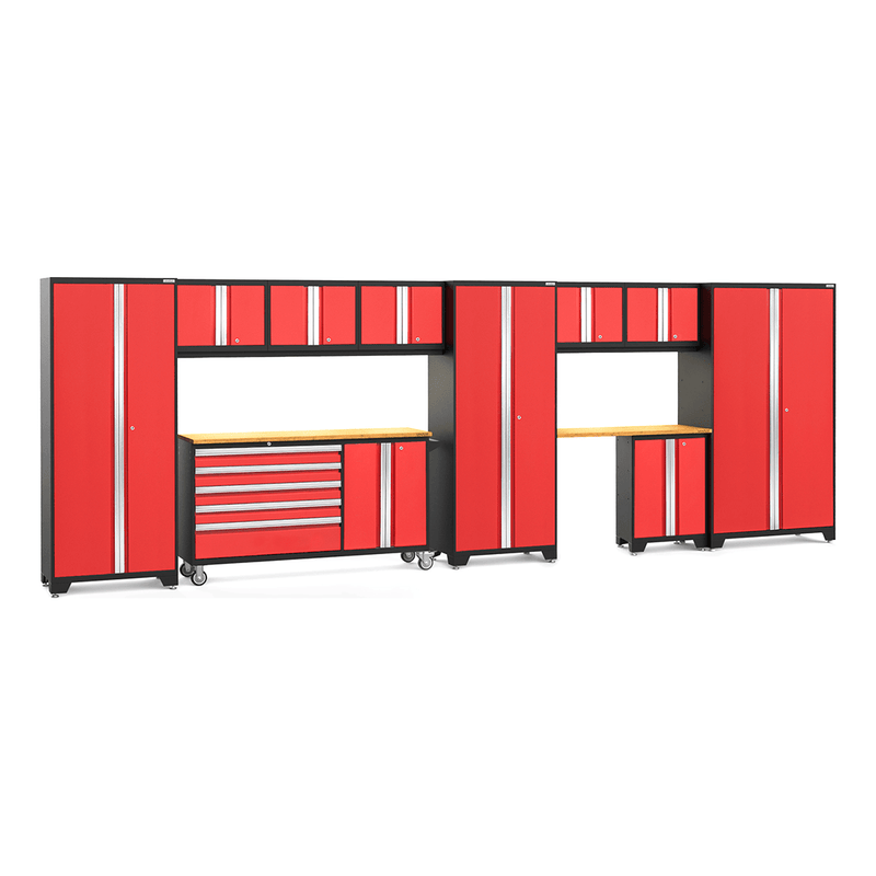 NewAge Products Bold Red 12-Piece Garage Cabinet System with Bamboo Worktops and LED Lights