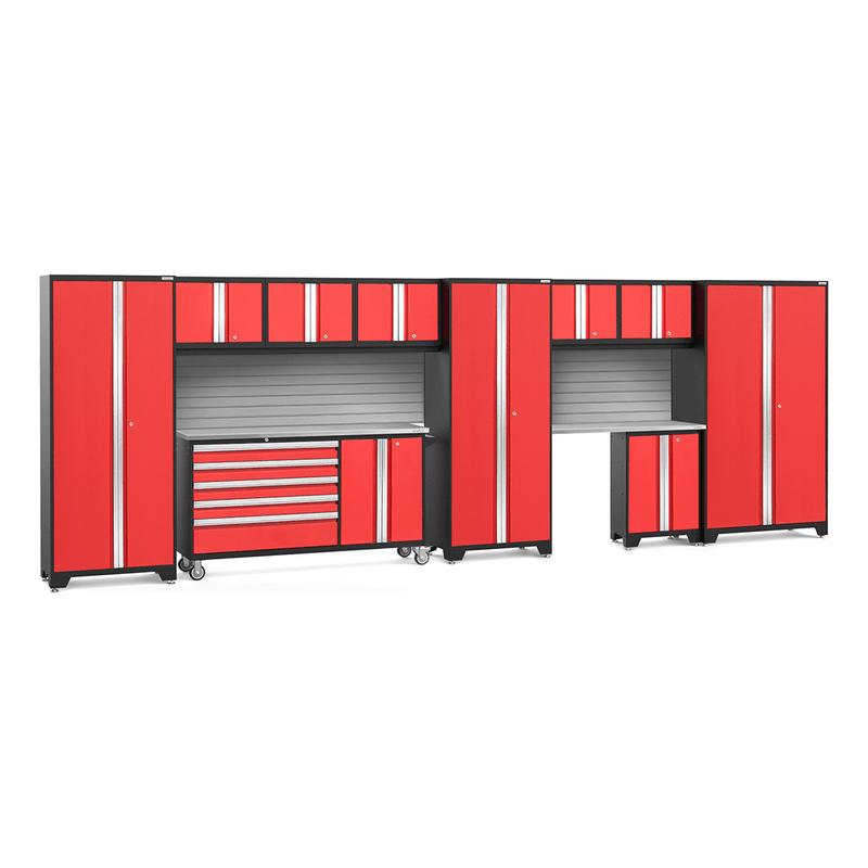 NewAge Products Bold Red 12-Piece Garage Cabinet System with Stainless Steel Worktops and Steel Slatwall Backsplash