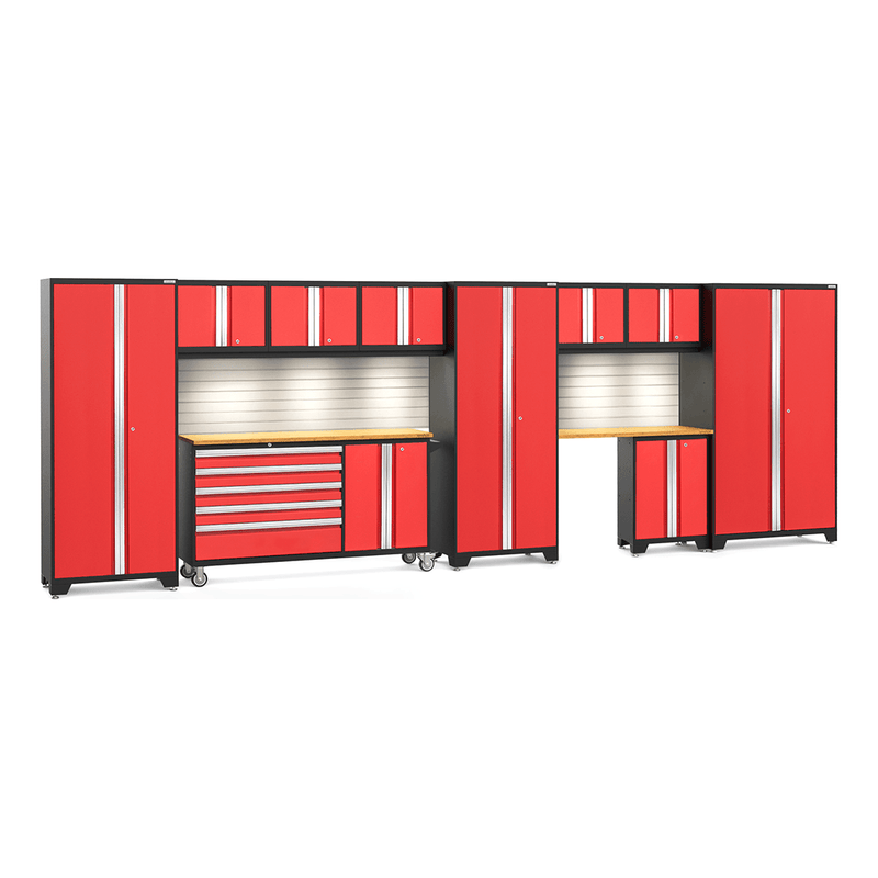 NewAge Products Bold Red 12-Piece Garage Cabinet System with Bamboo Worktops, LED Lights and Steel Slatwall Backsplash