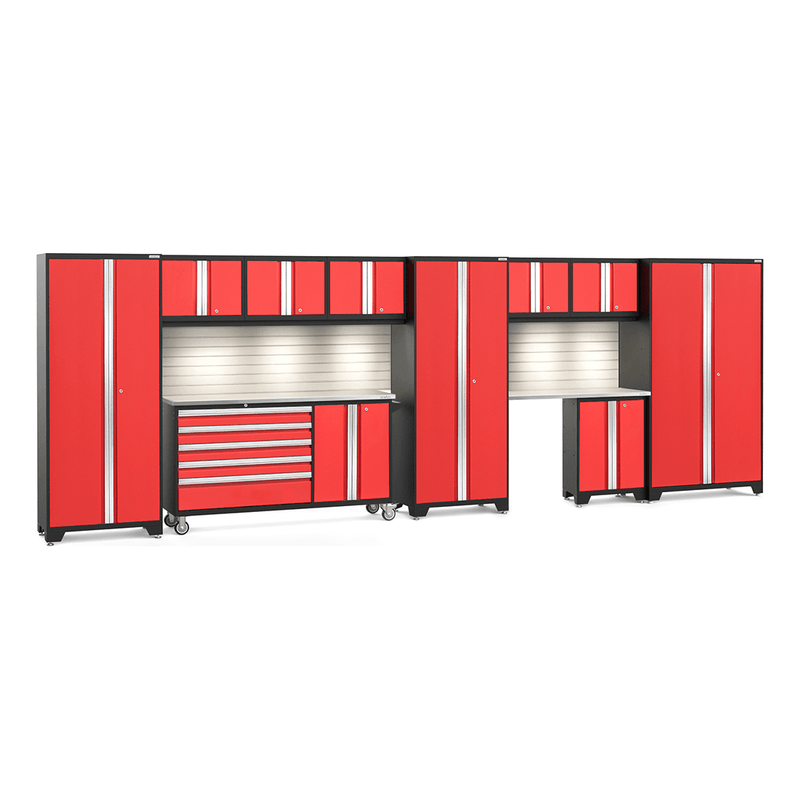 NewAge Products Bold Red 12-Piece Garage Cabinet System with Stainless Steel Worktops, LED Lights and Steel Slatwall Backsplash