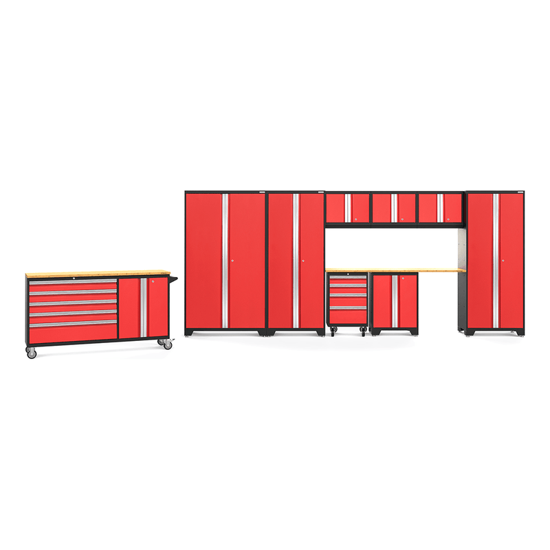 NewAge Products Bold Red 11-Piece Garage Cabinet System with Bamboo Worktops and LED Lights