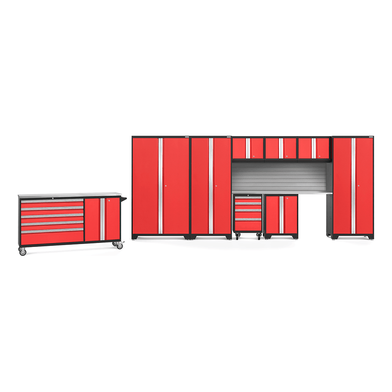 NewAge Products Bold Red 11-Piece Garage Cabinet System with Stainless Steel Worktops and Steel Slatwall Backsplash