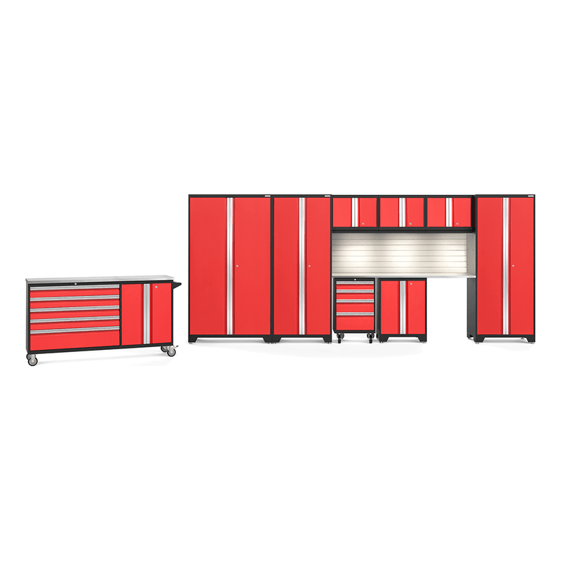 NewAge Products Bold Red 11-Piece Garage Cabinet System with Stainless Steel Worktops, LED Lights and Steel Slatwall Backsplash