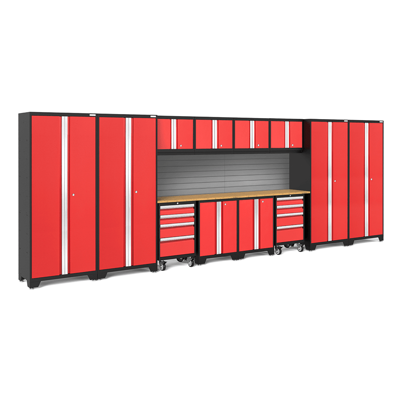 NewAge Products Bold Red 14-Piece Garage Cabinet System with Bamboo Worktops and Steel Slatwall Backsplash