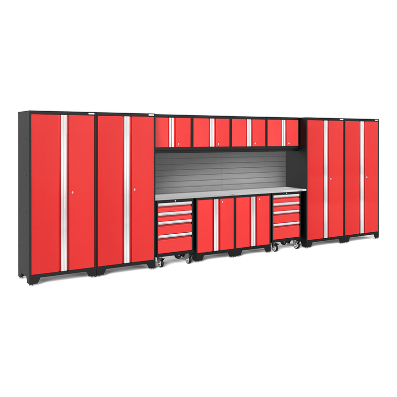 NewAge Products Bold Red 14-Piece Garage Cabinet System with Stainless Steel Worktops and Steel Slatwall Backsplash