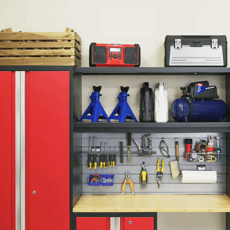 NewAge Products Bold Red 14-Piece Garage Cabinet System with Bamboo Worktops, LED Lights and Steel Slatwall Backsplash