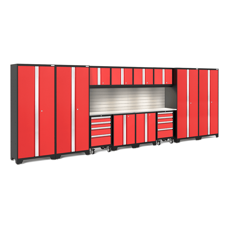NewAge Products Bold Red 14-Piece Garage Cabinet System with Stainless Steel Worktops, LED Lights and Steel Slatwall Backsplash