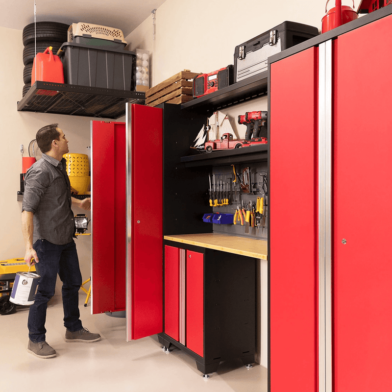NewAge Products Bold Red 14-Piece Garage Cabinet System with Stainless Steel Worktops, LED Lights and Steel Slatwall Backsplash