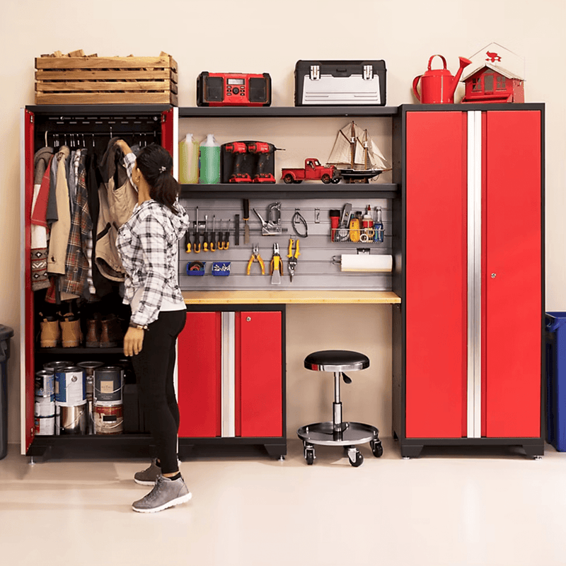 NewAge Products Bold Red 14-Piece Garage Cabinet System with Stainless Steel Worktops, LED Lights and Steel Slatwall Backsplash
