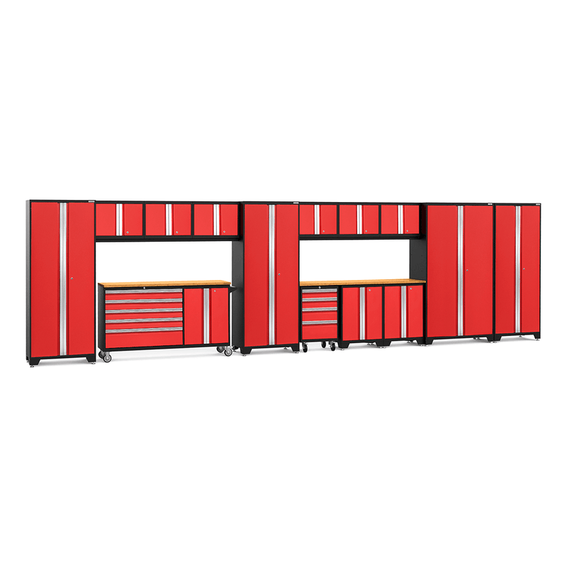 NewAge Products Bold Red 16-Piece Garage Cabinet System with Bamboo Worktops and LED Lights