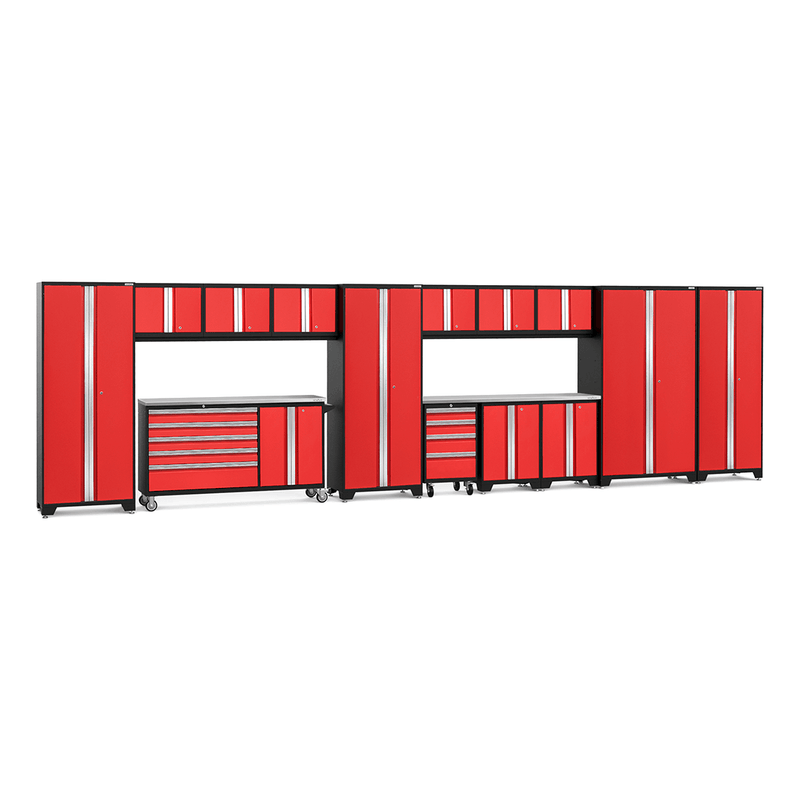 NewAge Products Bold Red 16-Piece Garage Cabinet System with Stainless Steel Worktops and LED Lights