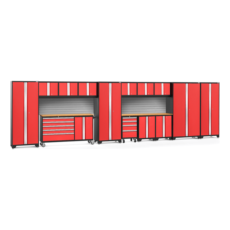 NewAge Products Bold Red 16-Piece Garage Cabinet System with Bamboo Worktops and Steel Slatwall Backsplash
