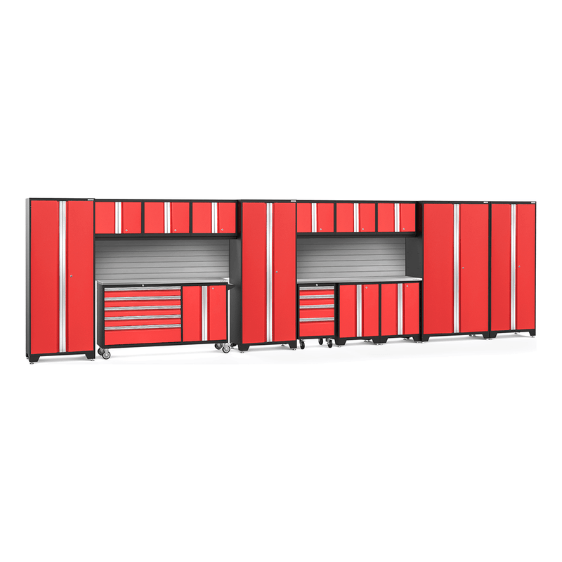 NewAge Products Bold Red 16-Piece Garage Cabinet System with Stainless Steel Worktops and Steel Slatwall Backsplash