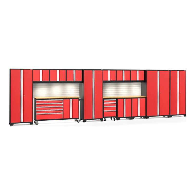 NewAge Products Bold Red 16-Piece Garage Cabinet System with Bamboo Worktops, LED Lights and Steel Slatwall Backsplash