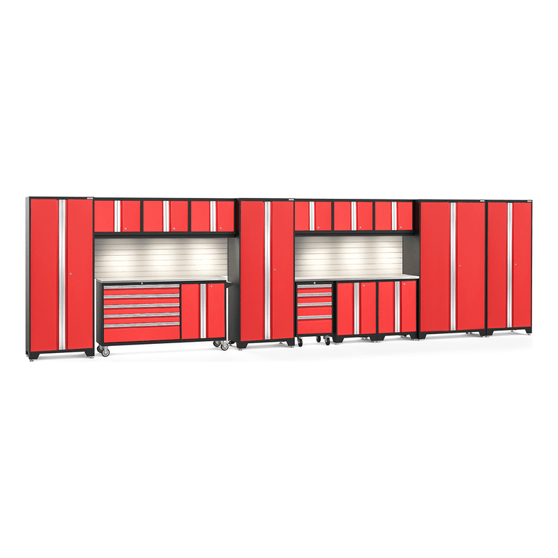 NewAge Products Bold Red 16-Piece Garage Cabinet System with Stainless Steel Worktops, LED Lights and Steel Slatwall Backsplash