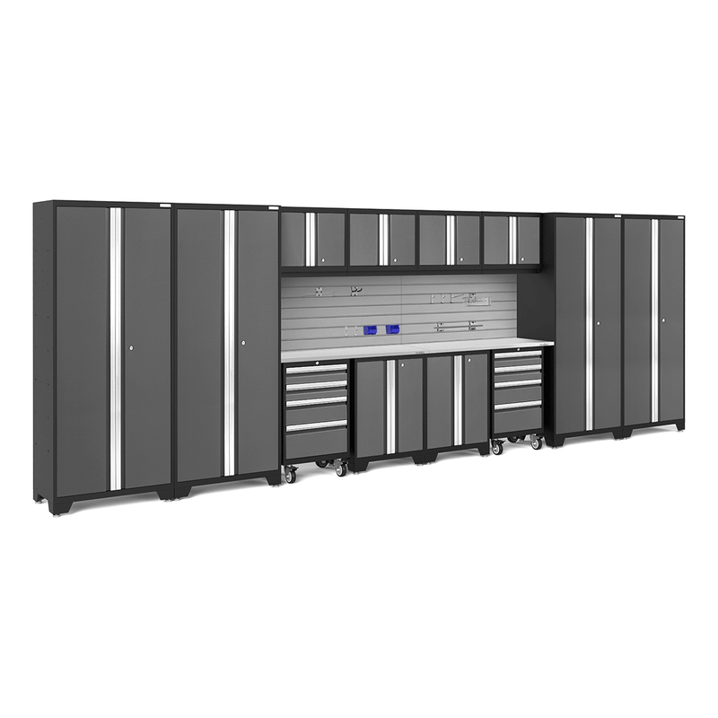 NewAge Products Bold Grey 14-Piece Garage Cabinet System with Stainless Steel Worktops, Steel Slatwall Backsplash and Hook Accessory Kit
