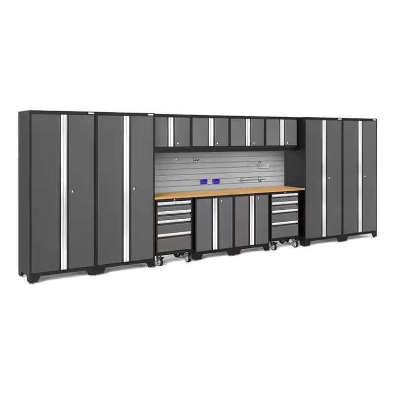 NewAge Products Bold Grey 14-Piece Garage Cabinet System with Bamboo Worktops, Steel Slatwall Backsplash and Hook Accessory Kit