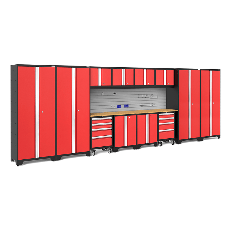 NewAge Products Bold Red 14-Piece Garage Cabinet System with Bamboo Worktops, Steel Slatwall Backsplash and Hook Accessory Kit