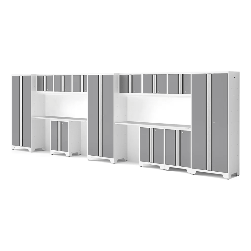 NewAge Products Bold Platinum 14-Piece Garage Cabinet Set with Stainless Steel Worktops