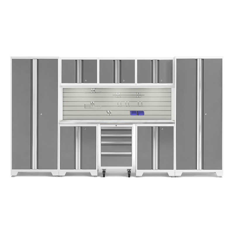 NewAge Products Bold Platinum 9-Piece Garage Cabinet Set with Stainless Steel Worktop, LED Lights, Steel Slatwall Backsplash and Hook Accessory Kit