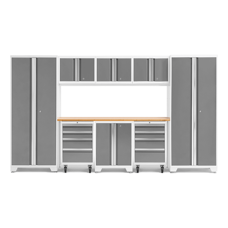 NewAge Products Bold Platinum 9-Piece Garage Cabinet Set with Bamboo Worktop
