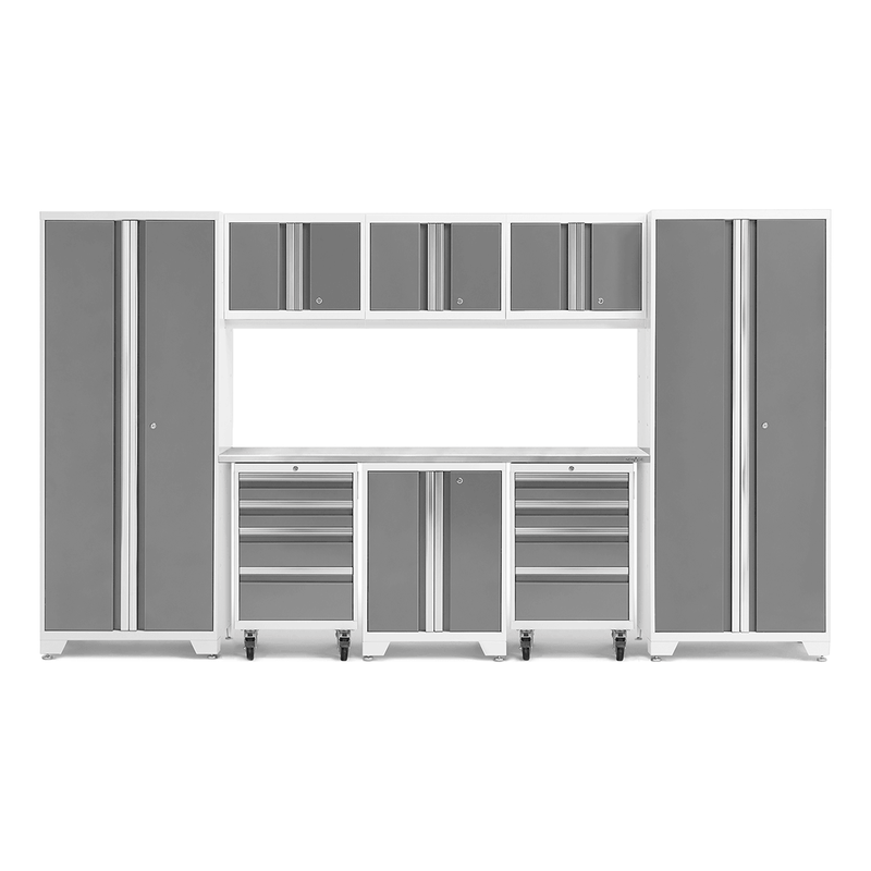 NewAge Products Bold Platinum 9-Piece Garage Cabinet Set with Stainless Steel Worktop