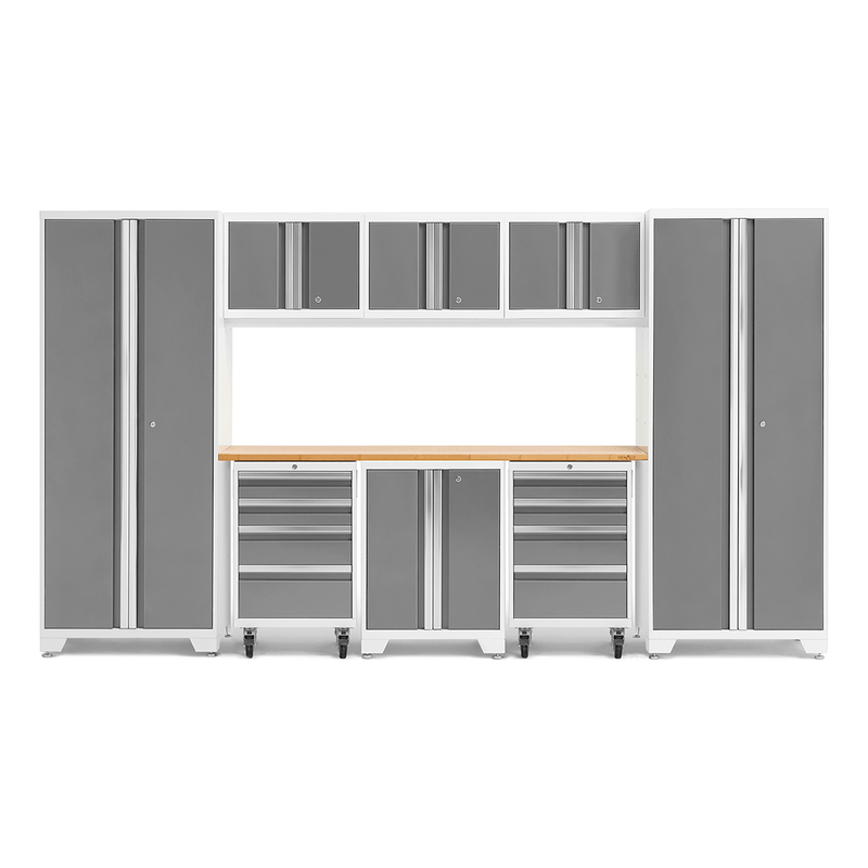 NewAge Products Bold Platinum 9-Piece Garage Cabinetry Set with Bamboo Worktop and LED Lights
