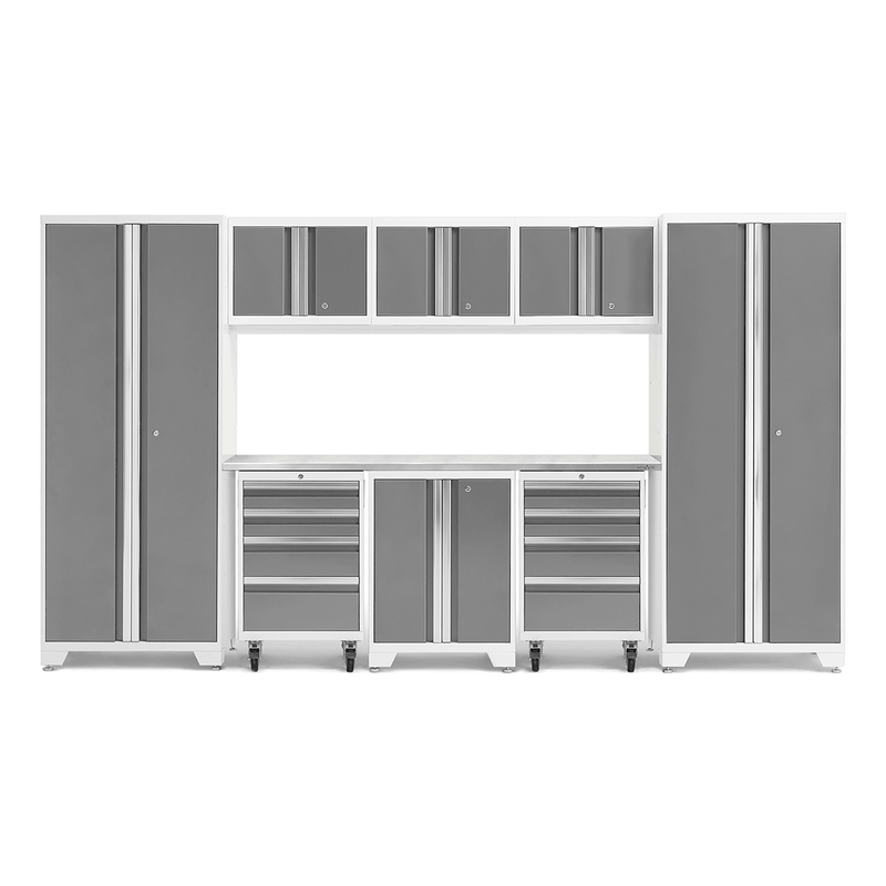 NewAge Products Bold Platinum 9-Piece Garage Cabinetry Set with Stainless Steel Worktop and LED Lights