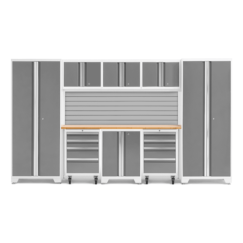NewAge Products Bold Platinum 9-Piece Garage Storage Cabinet System with Bamboo Worktop and Steel Slatwall Backsplash