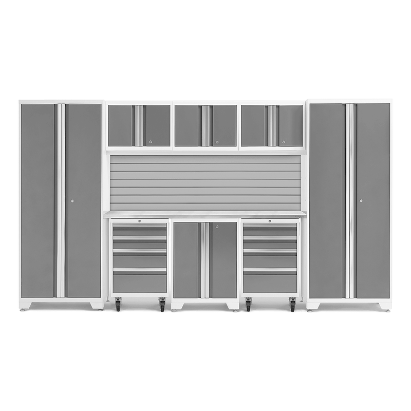NewAge Products Bold Platinum 9-Piece Garage Storage Cabinet System with Stainless Steel Worktop and Steel Slatwall Backsplash