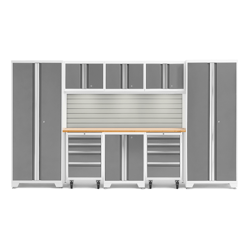 NewAge Products Bold Platinum 9-Piece Garage Storage Cabinet System with Bamboo Worktop, LED Lights and Steel Slatwall Backsplash