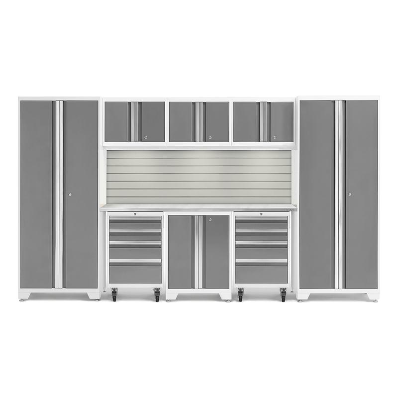 NewAge Products Bold Platinum 9-Piece Garage Storage Cabinet System with Stainless Steel Worktop, LED Lights and Steel Slatwall Backsplash