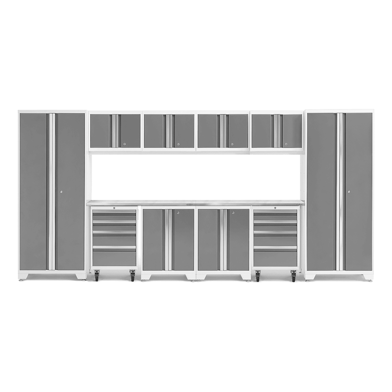 NewAge Products Bold Platinum 12-Piece Garage Cabinet System with Stainless Steel Worktops