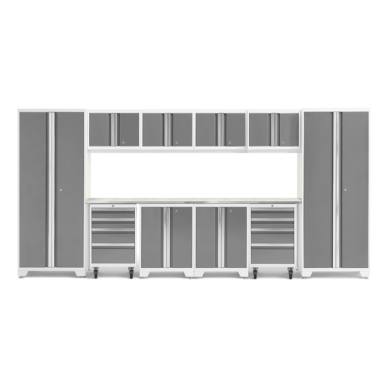 NewAge Products Bold Platinum 12-Piece Garage Storage Cabinet System with Stainless Steel Worktops and LED Lights