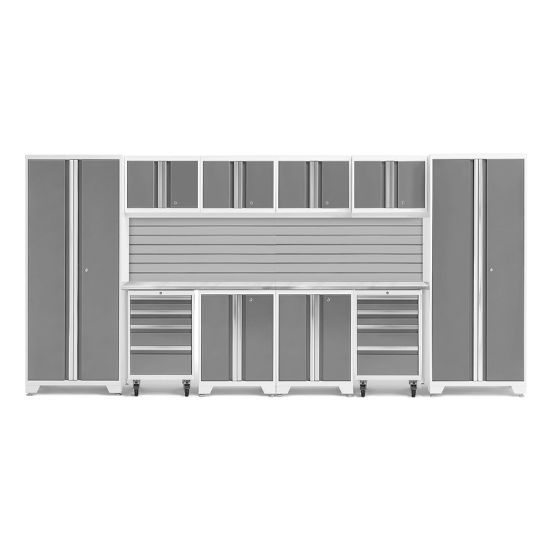 NewAge Products Bold Platinum 12-Piece Garage Cabinet Set with Stainless Steel Worktops and LED Lights
