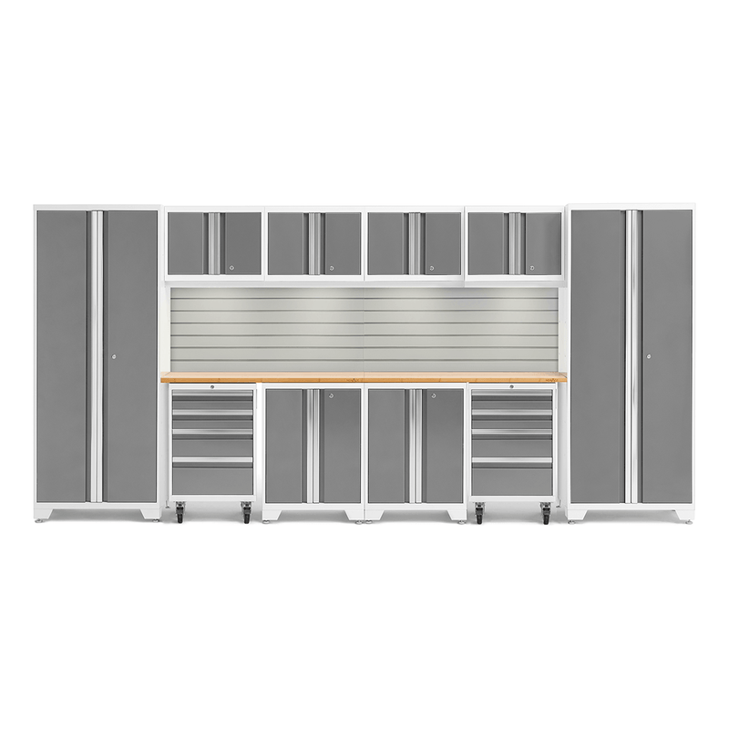 NewAge Products Bold Platinum 12-Piece Garage Cabinet Set with Bamboo Worktops, LED Lights and Steel Slatwall Backsplash