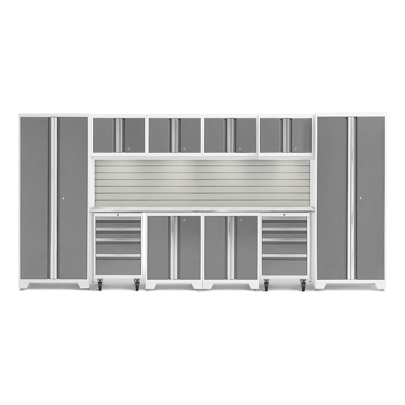 NewAge Products Bold Platinum 12-Piece Garage Cabinet Set with Stainless Steel Worktops, LED Lights and Steel Slatwall Backsplash