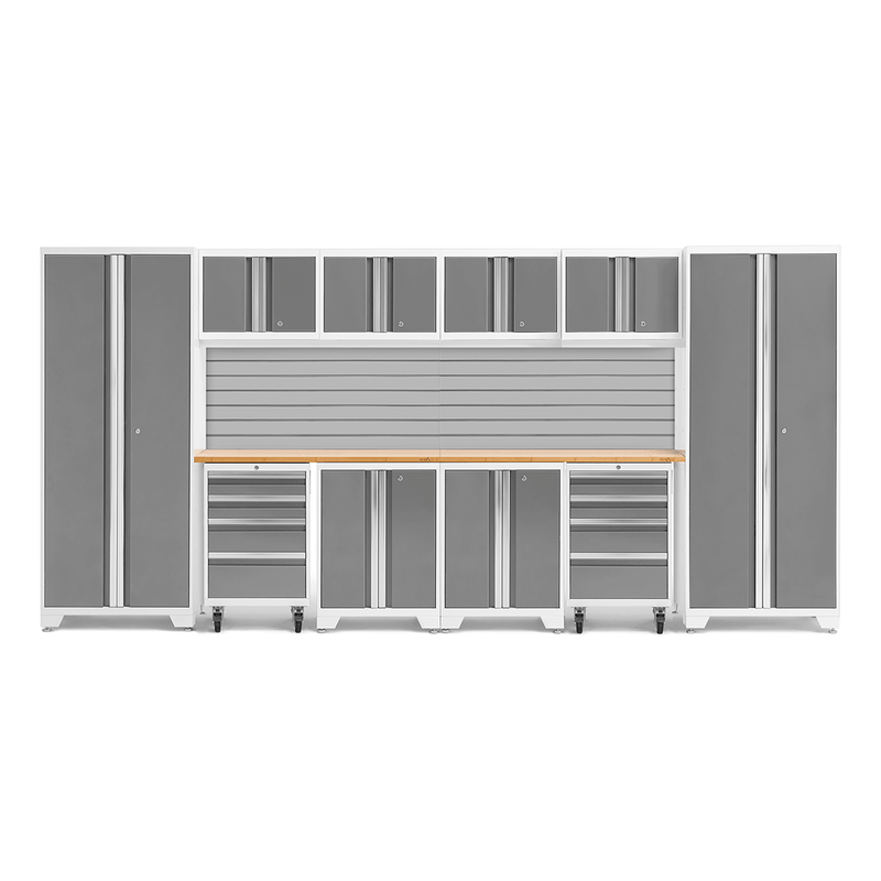 NewAge Products Bold Platinum 12-Piece Garage Cabinet Set with Bamboo Worktops and LED Lights