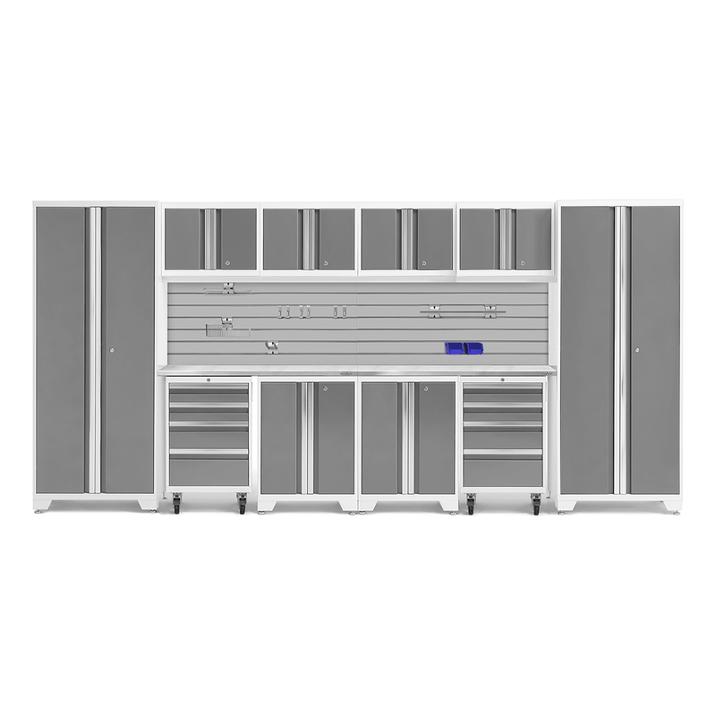 NewAge Products Bold Platinum 12-Piece Garage Cabinet Set with Bamboo Worktops, Steel Slatwall Backsplash and Hook Accessory Kit