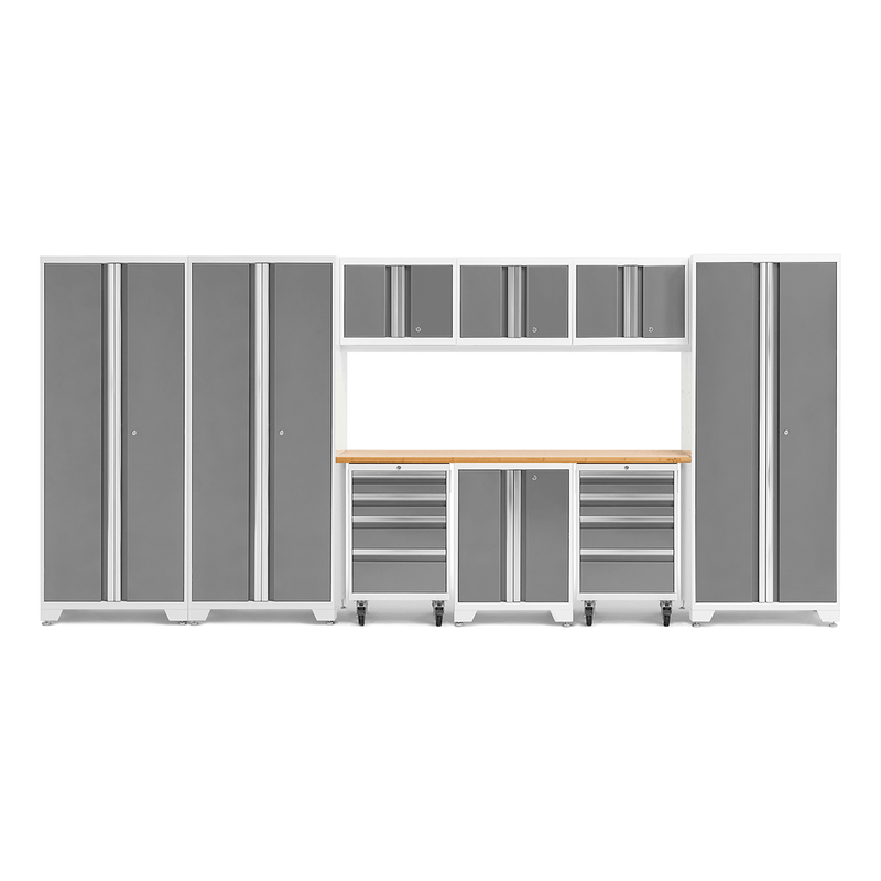 NewAge Products Bold Platinum 10-Piece Garage Cabinet Set with Bamboo Worktop and LED Lights