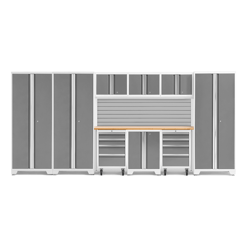 NewAge Products Bold Platinum 10-Piece Garage Cabinet Set with Bamboo Worktop and Steel Slatwall Backsplash