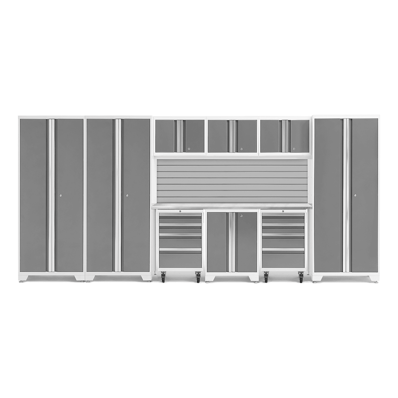 NewAge Products Bold Platinum 10-Piece Garage Cabinet Set with Stainless Steel Worktop and Steel Slatwall Backsplash