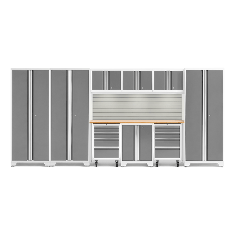 NewAge Products Bold Platinum 10-Piece Garage Cabinet Set with Bamboo Worktop, LED Lights and Steel Slatwall Backsplash