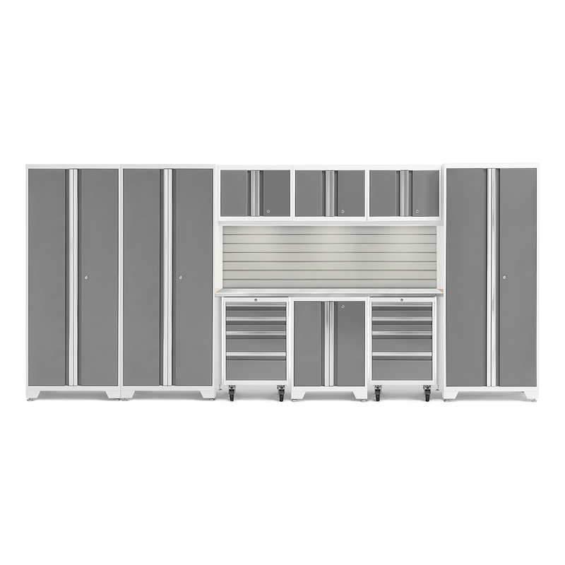 NewAge Products Bold Platinum 10-Piece Garage Cabinet Set with Stainless Steel Worktop, LED Lights and Steel Slatwall Backsplash