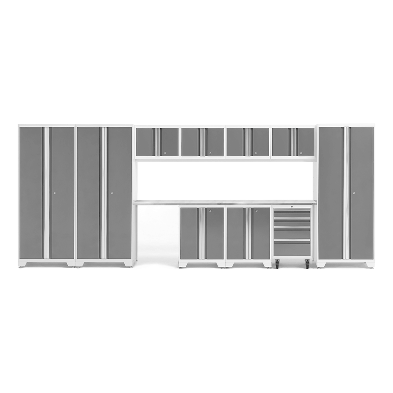NewAge Products Bold Platinum 12-Piece Garage Cabinet Set with Stainless Steel Worktops