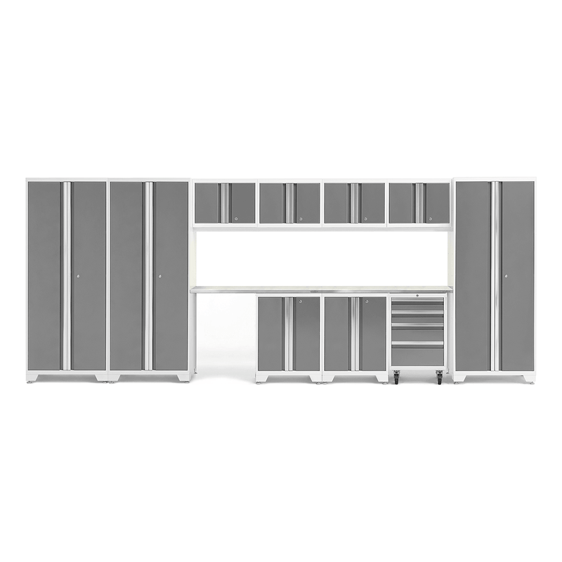 NewAge Products Bold Platinum 12-Piece Garage Cabinet Setup with Stainless Steel Worktops and LED Lights