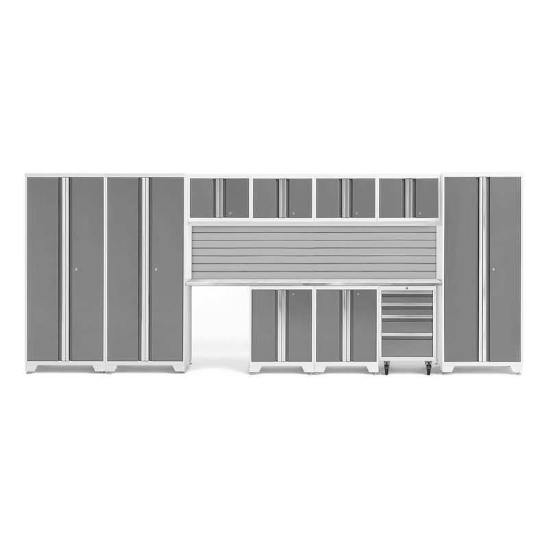 NewAge Products Bold Platinum 12-Piece Garage Cabinet System with Stainless Steel Worktops and Steel Slatwall Backsplash