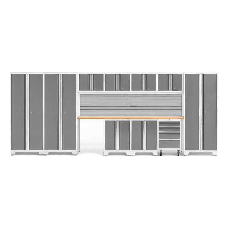 NewAge Products Bold Platinum 12-Piece Garage Cabinet System with Bamboo Worktops and Steel Slatwall Backsplash