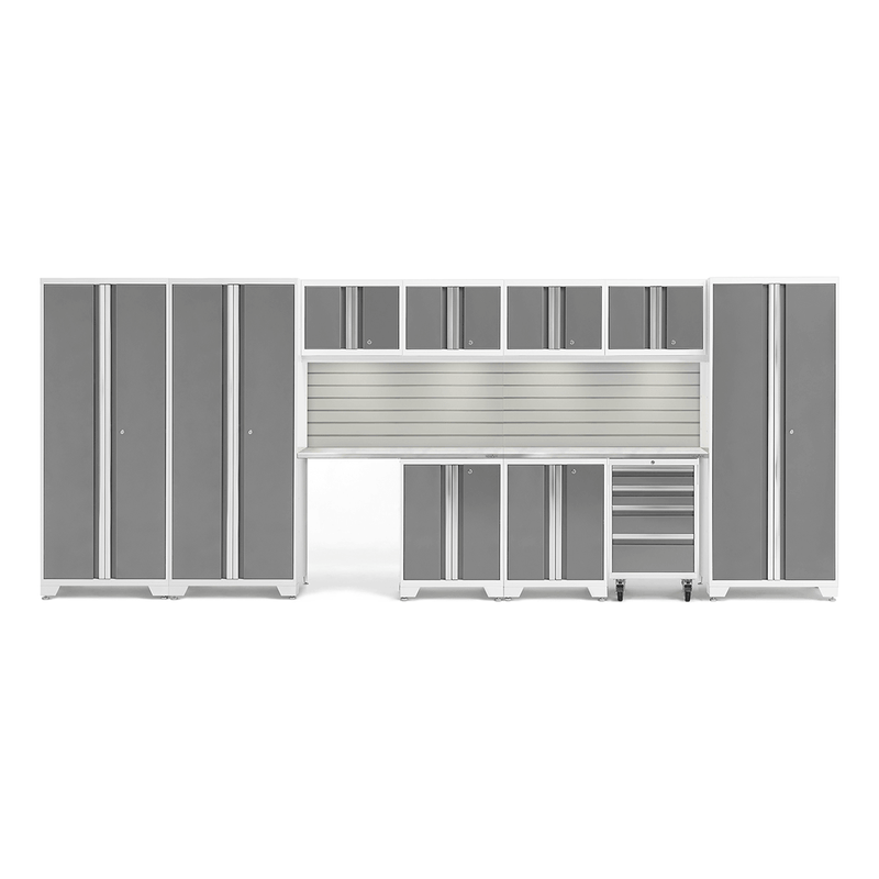 NewAge Products Bold Platinum 12-Piece Garage Cabinet System with Stainless Steel Worktops, LED Lights and Steel Slatwall Backsplash