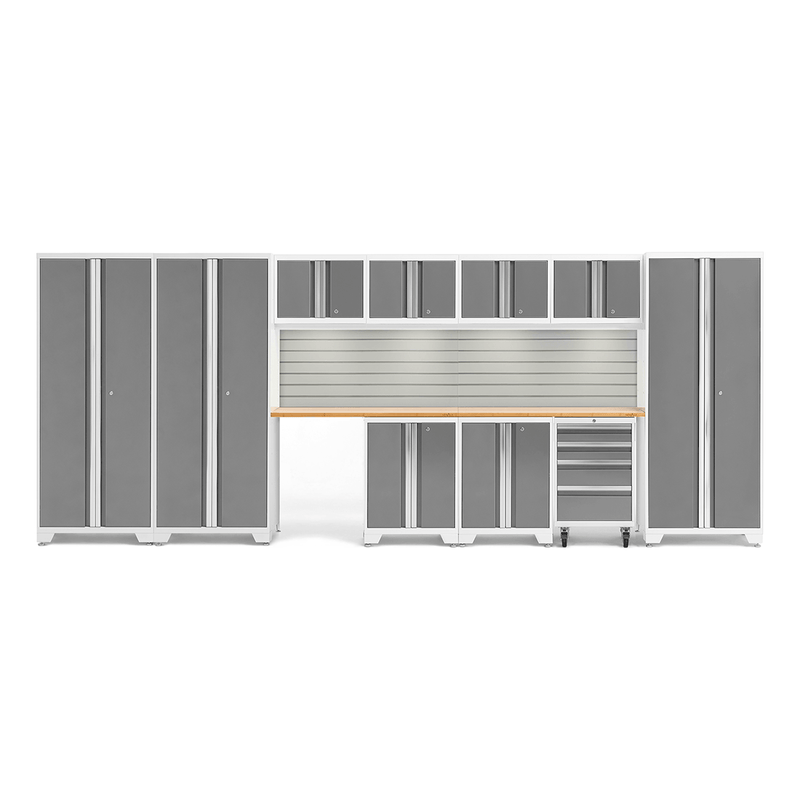 NewAge Products Bold Platinum 12-Piece Garage Cabinet System with Bamboo Worktops, LED Lights and Steel Slatwall Backsplash